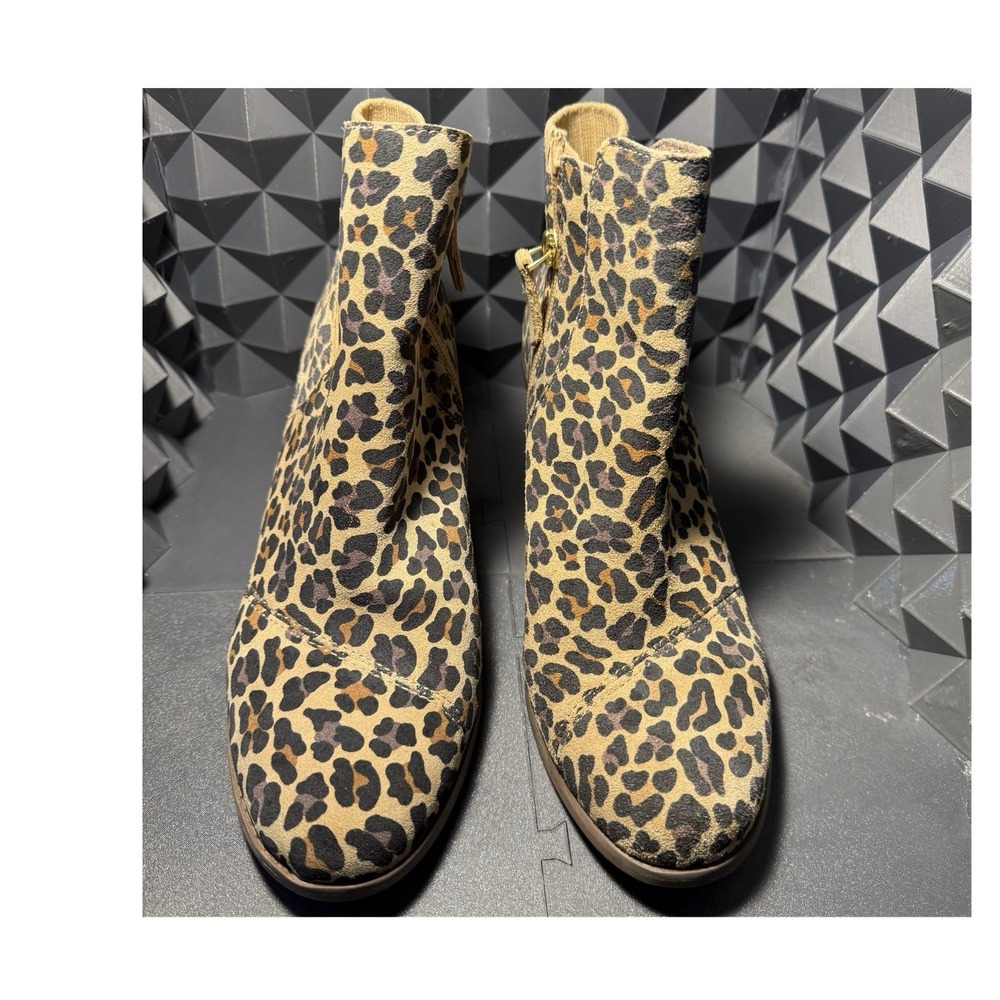 TOMS Leopard Print Faux Suede Zip Ankle Bootie Wedge Round Toe Brown Women's 9.5